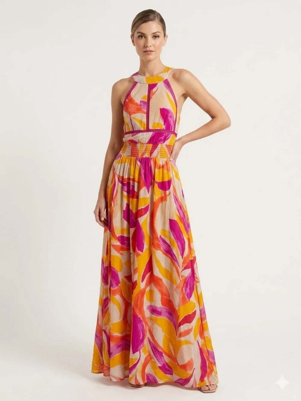 anthropologie orange and pink dress Anthropologie Sz XS Orange Pink Palm Leaf Linen Blend Nicole Puff Sleeve  Dress